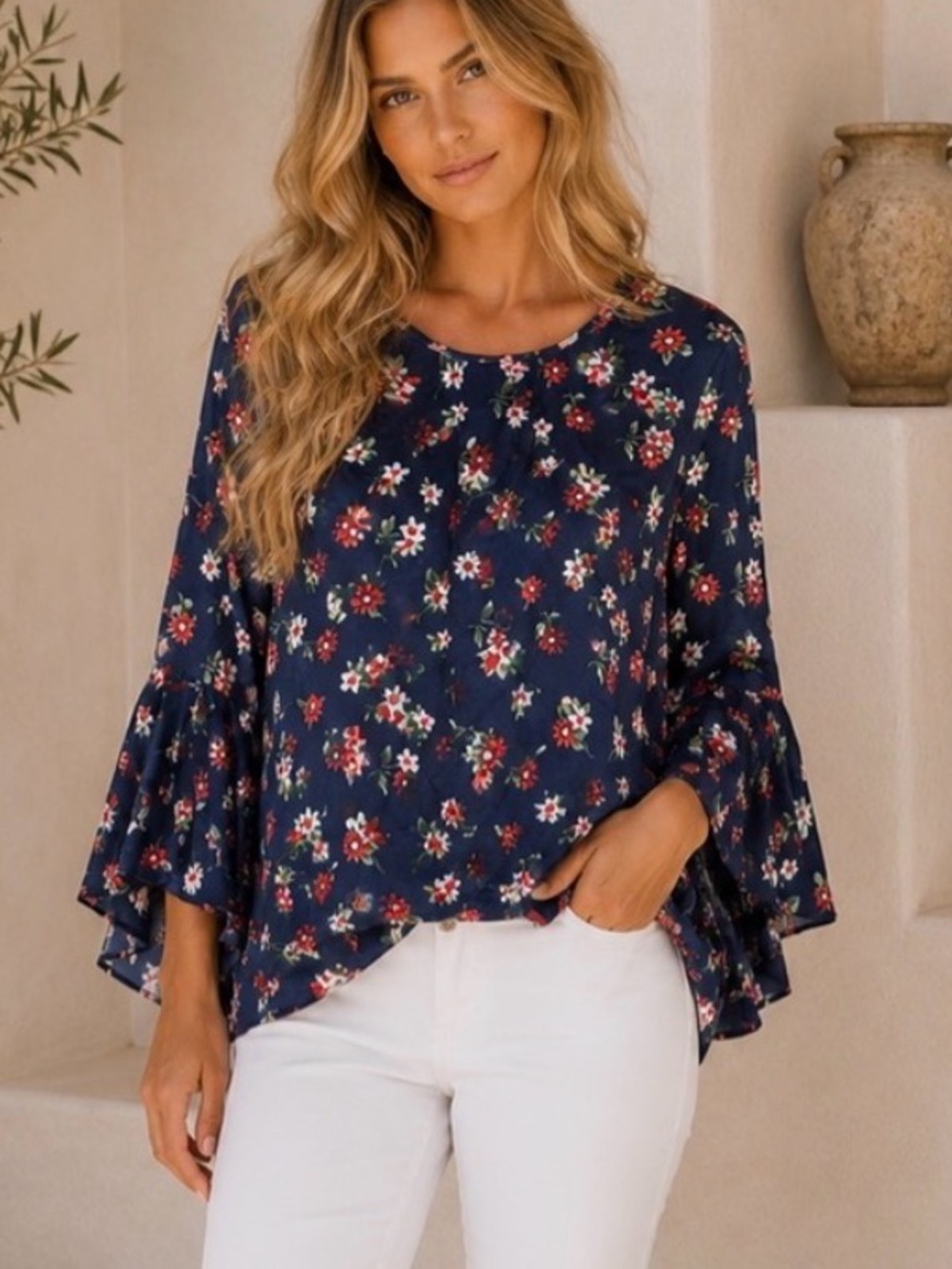 Milly Silk Bell Sleeve Floral Blouse